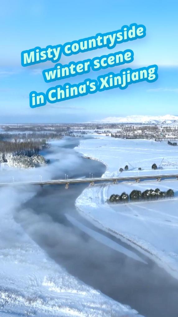 Misty countryside winter scene in China's Xinjiang