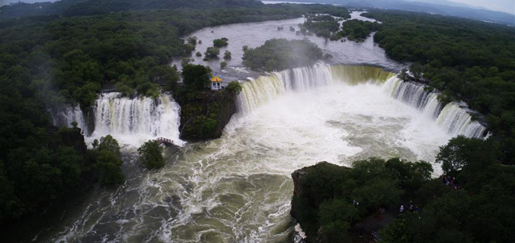 Beautiful scenery of Diaoshuilou Falls at Jingpo Lake in NE China