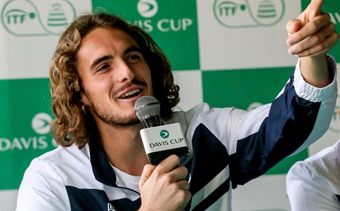 Stefanos Tsitsipas of Greece attend press conference ahead of Davis Cup World Group II match