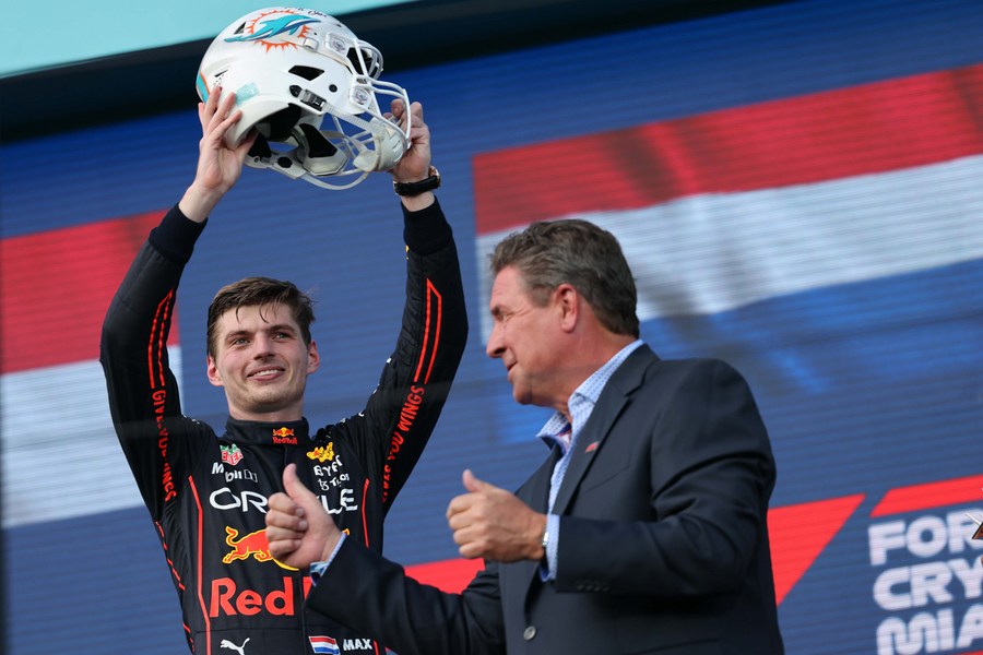 Dutch Formula One driver Max Verstappen of Red Bull Racing holds the trophy  after placing first at the Formula One Miami Grand Prix at the Miami  International Autodrome on Sunday, May 7