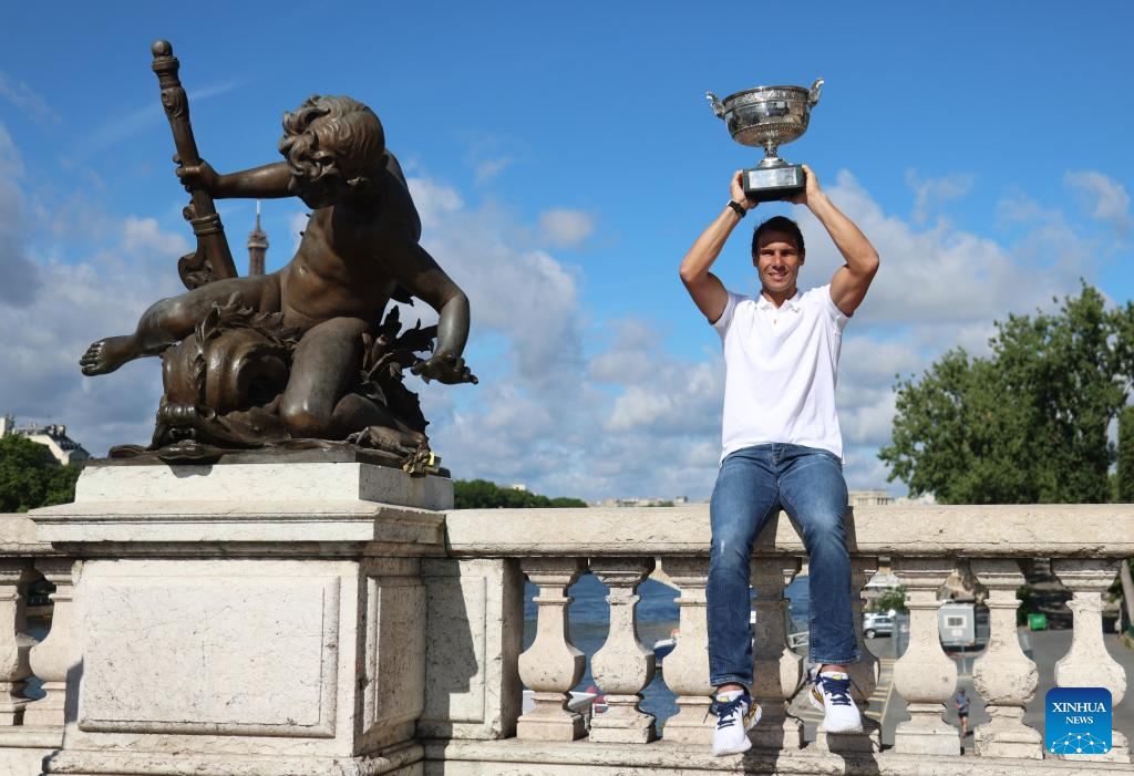Rafael Nadal Poses With Trophy On Alexandre Iii Bridge France Xinhua