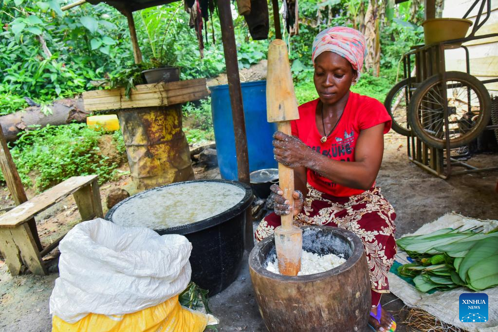 Women make cassava sticks in Mengong town, Cameroon-Xinhua