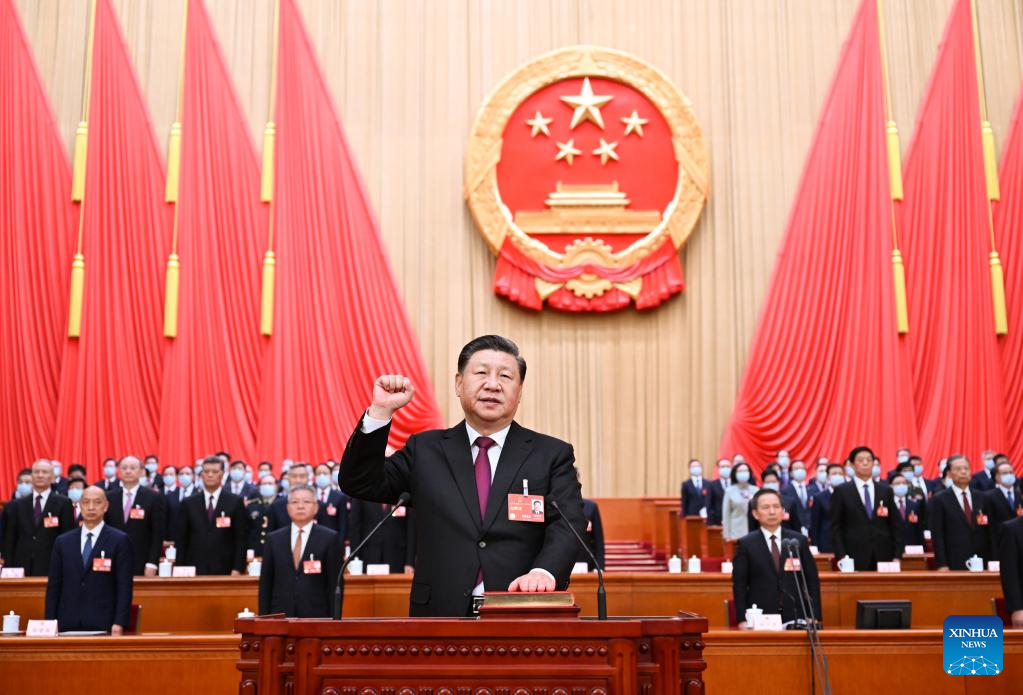 Xi Jinping, newly elected president of the People's Republic of China (PRC) and chairman of the Central Military Commission of the PRC, makes a public pledge of allegiance to the Constitution at the Great Hall of the People in Beijing, capital of China, March 10, 2023.
