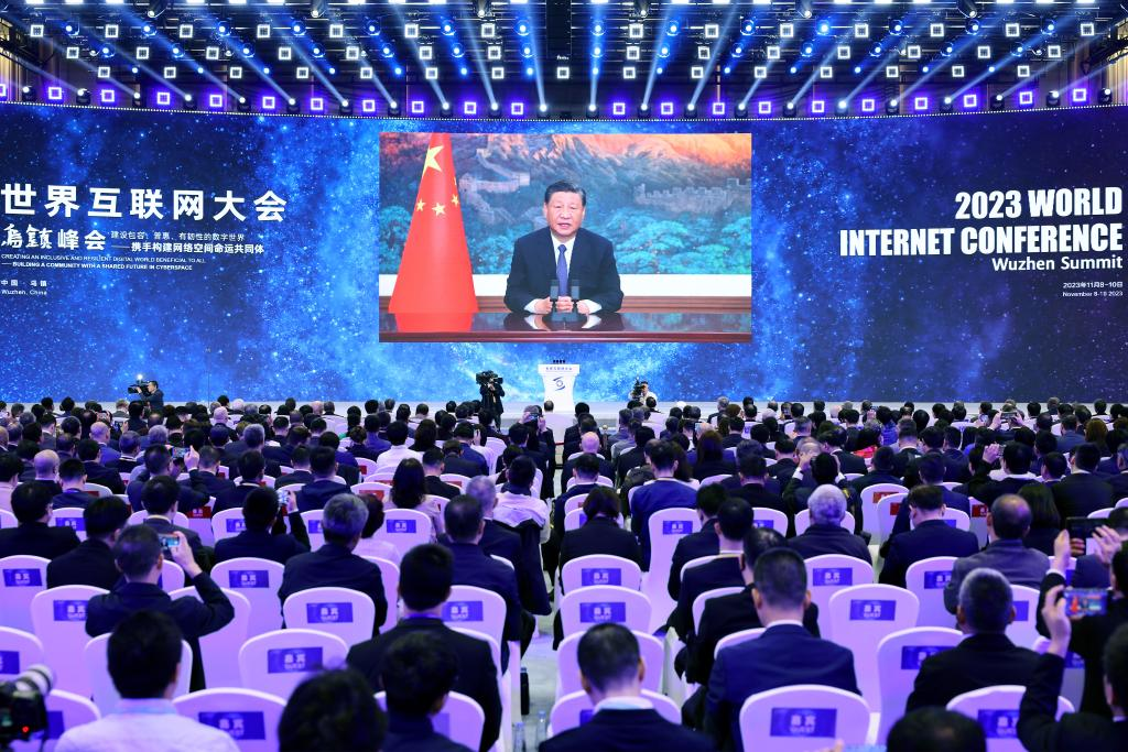 Chinese President Xi Jinping addresses the opening ceremony of the 2023 World Internet Conference Wuzhen Summit via video on Nov. 8, 2023. 