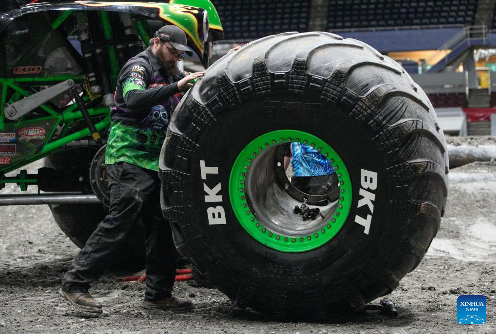 Monster trucks seen during media preview of Monster Jam in Canada