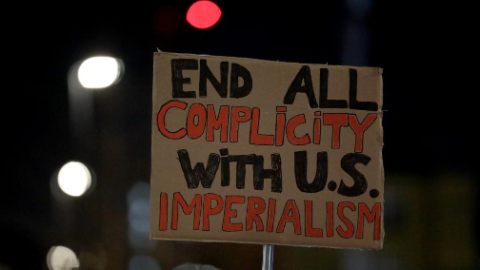 Protesters Rally Outside U.S. Embassy in London Against Reported American Military Strikes on Venezuela