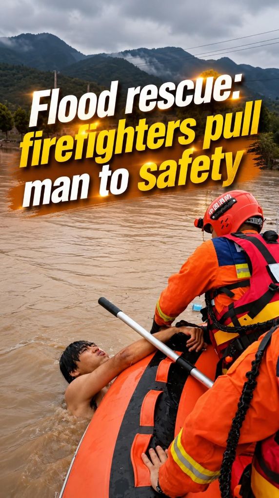 Flood rescue: firefighters pull man to safety