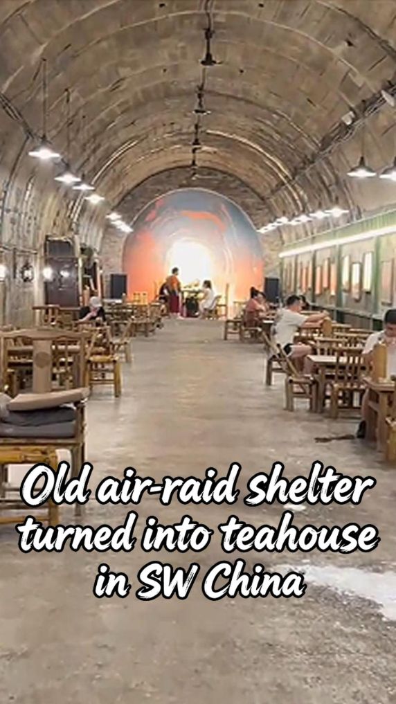 Old air-raid shelter turned into teahouse in SW China