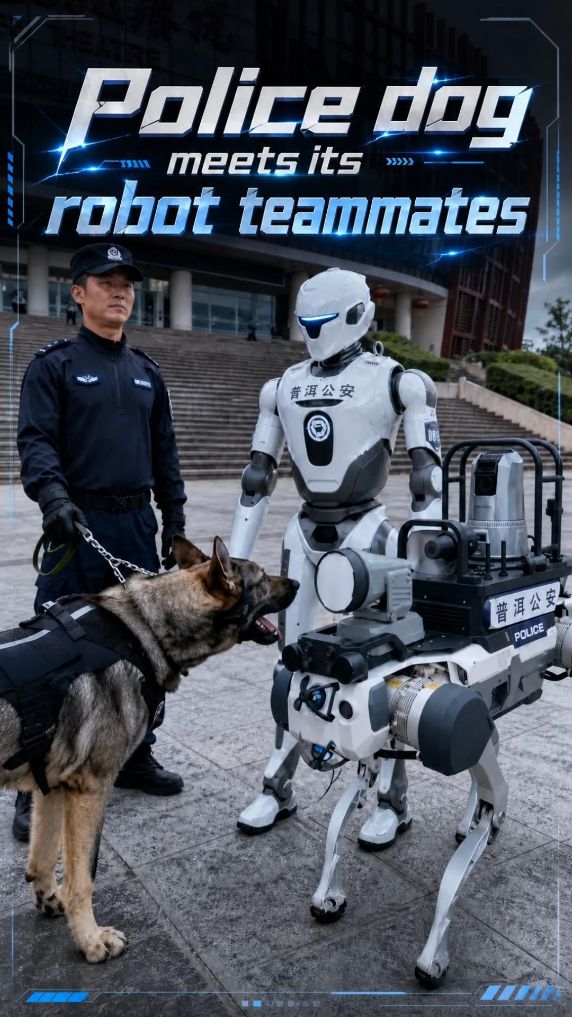 Police dog meets its robot teammates