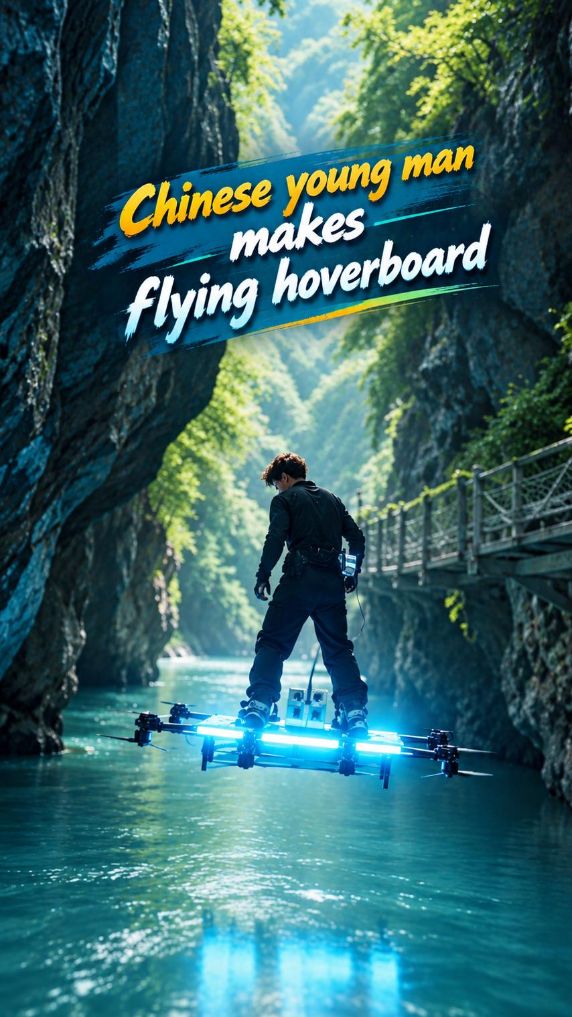 Chinese young man makes flying hoverboard